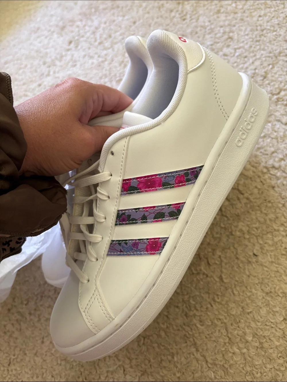 adidas Women’s Grand Court White Sneakers with Pink & Purple Stripes